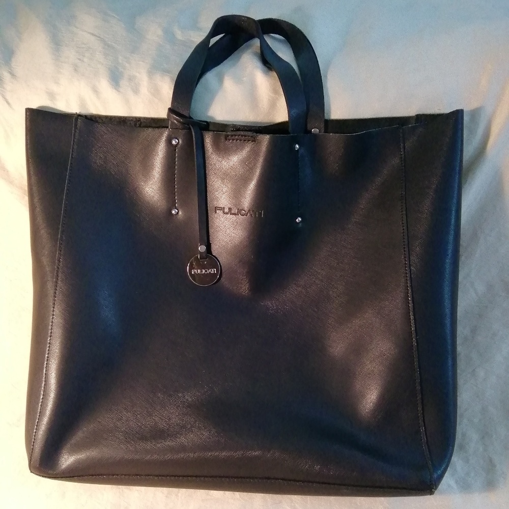Pulicati black cross-hatched leather tote